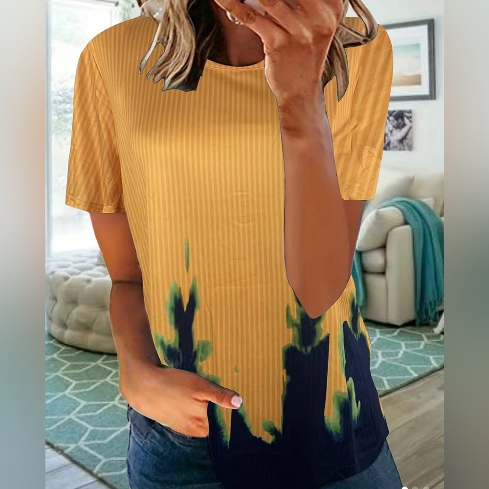 Paint Splatter Print Yellow & Blue Short Sleeve Round Neck Slight Stretch Tee 1X